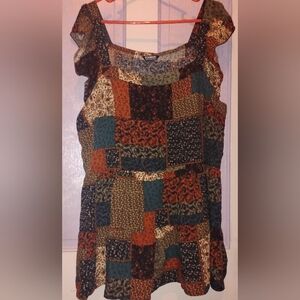 Patchwork Print Baby Doll Cap Sleeve Top - Multicolor